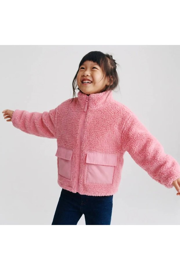 Children's Pink Plush Jacket with Stand Collar, Zipper Closure, Flap Pockets, Teddy Coat