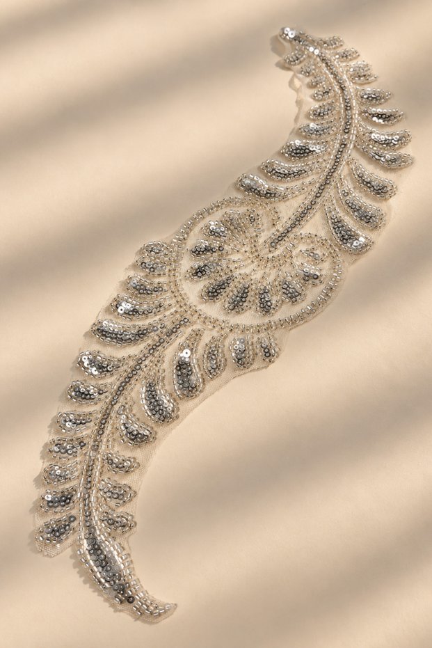 Silver Sequin and Bead Embellished Leaf Motif Tulle Applique