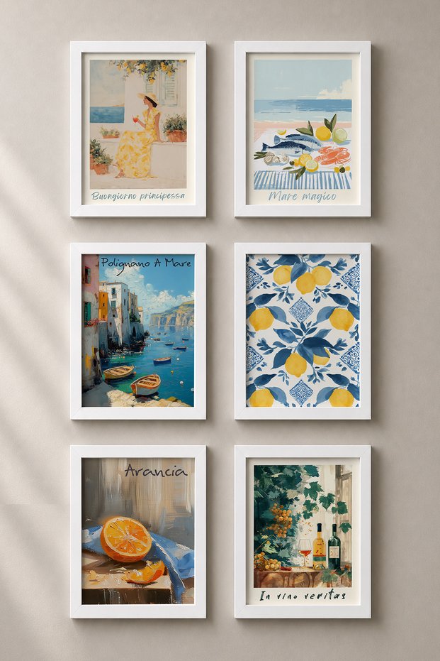 6 Piece Polignano and Citrus Framed Painting Set Italy Posters Wall Decor Sixmx40