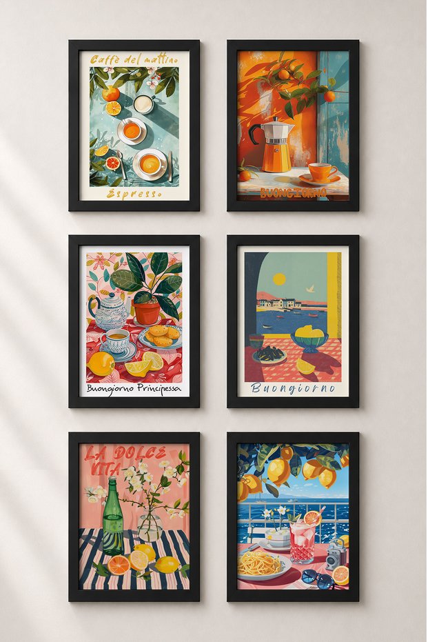 6 Piece Coffee and Cookie Break Framed Painting Set Italy Posters Wall Decor Sixit38