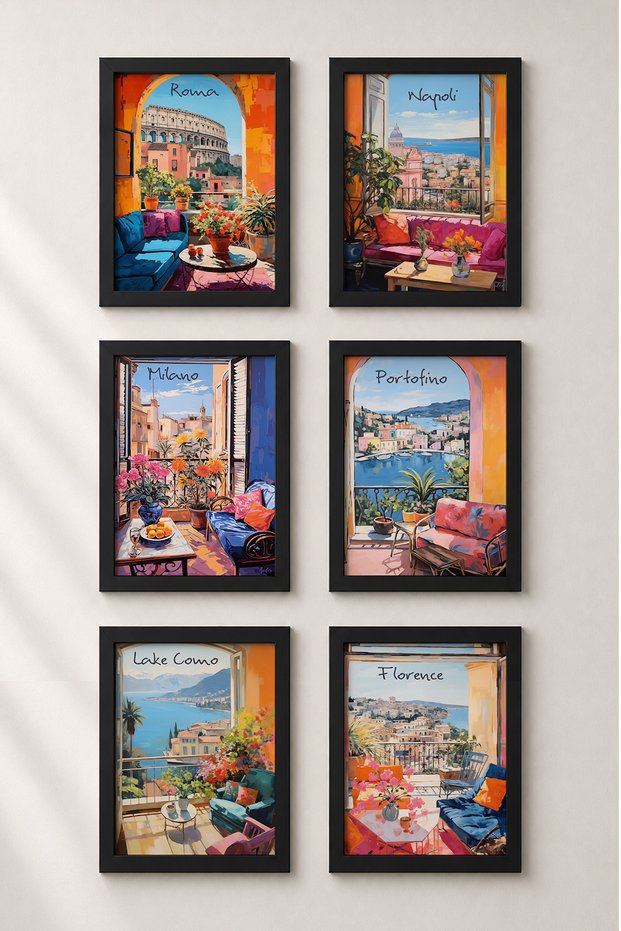 6 Piece Set of Paintings Framed Italy from the Window Italy Posters for Living Room Kitchen Gallery Wall Sixit03