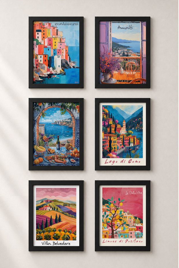 6 Piece La Dolce Vita Landscapes Framed Painting Set Italy Posters Wall Decor Sixmx13