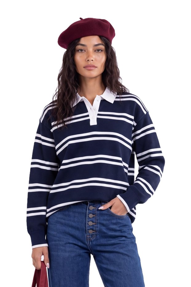 Thin striped long sleeve polo collar t-shirt