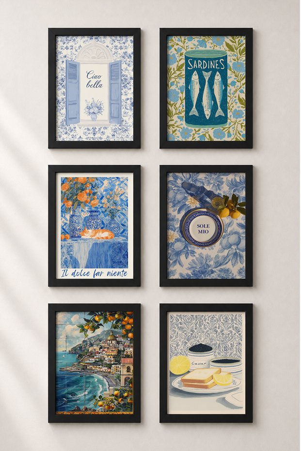 6 Piece Cat, Tile and Sardine Framed Painting Set Italy Posters Wall Decor Sixit25