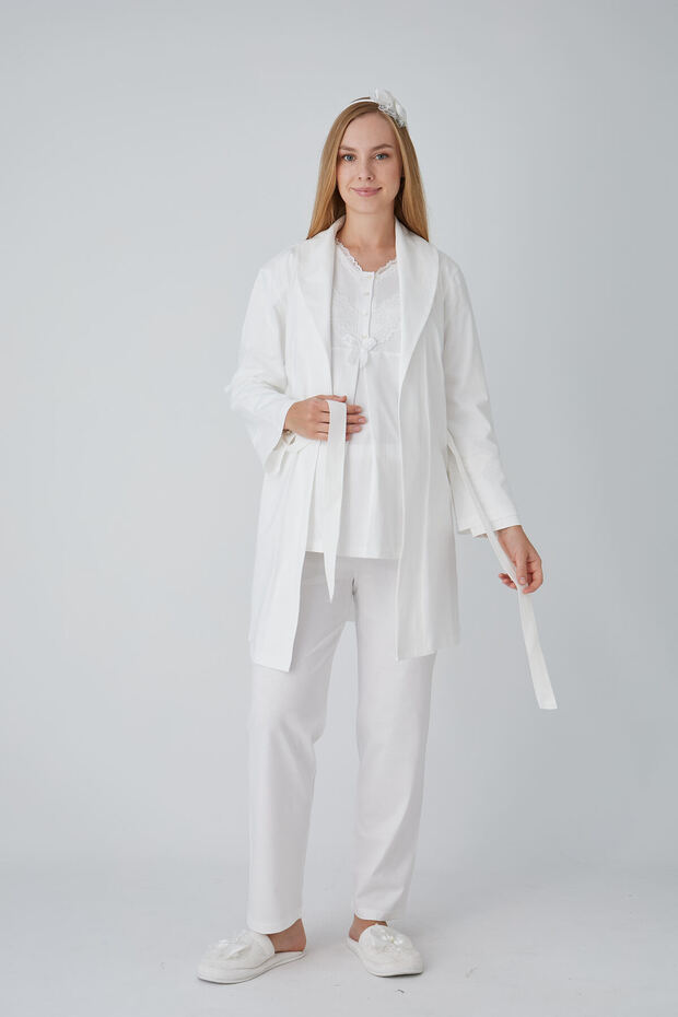 Guipure Lace Detailed V-Neck Buttoned Maternity Pajama Set with Maternity Dress, Set of 3