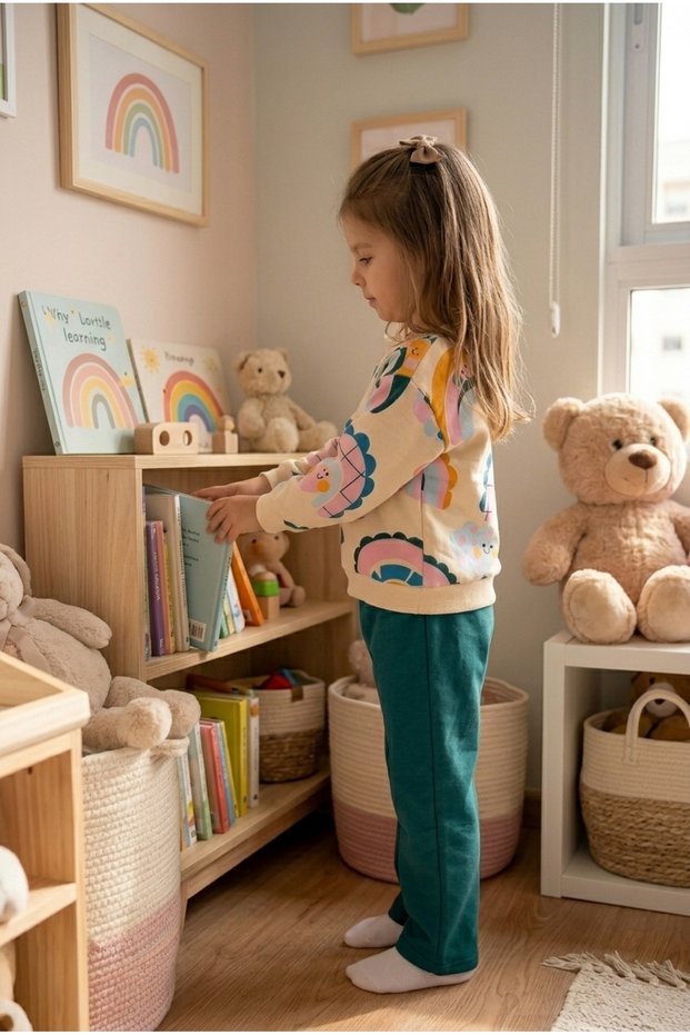 Girl's Rainbow Patterned Sweatshirt 2-Piece Top and Bottom Set Ak15636
