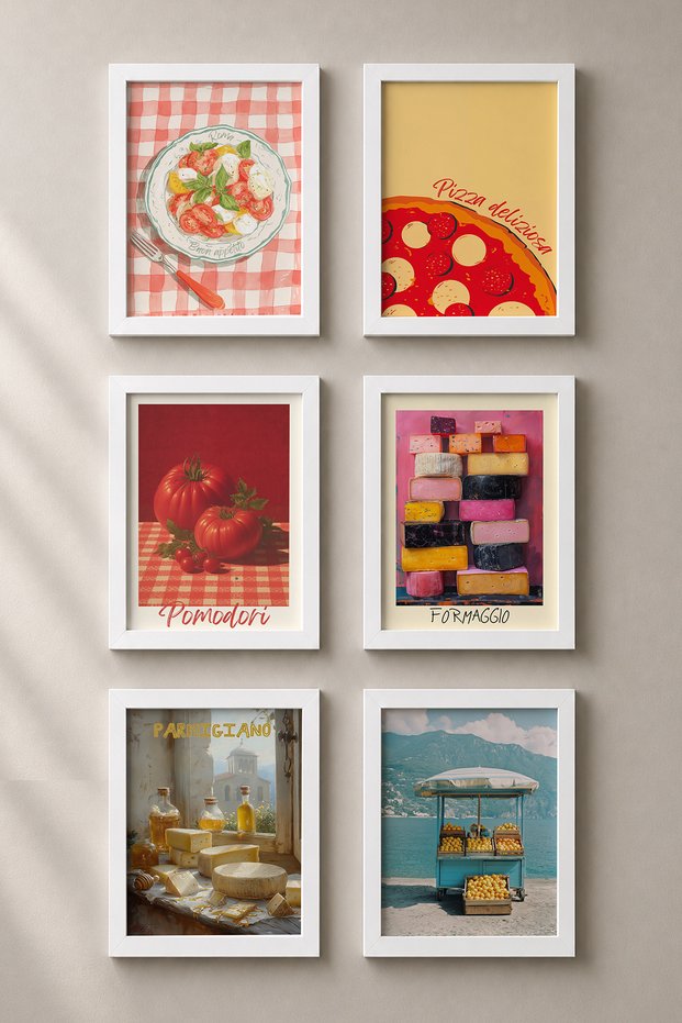 6 Piece Italian Market Delicacies Framed Painting Set Italy Posters Wall Decor Sixit45