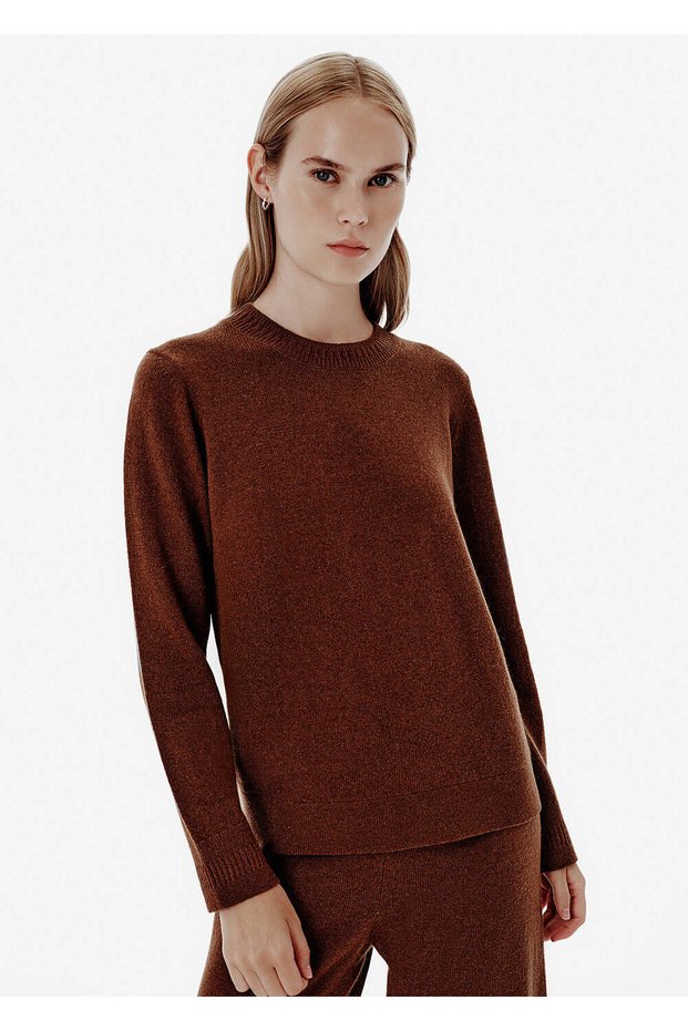 Rib Detail Round Neck Brown Cashmere Knitwear