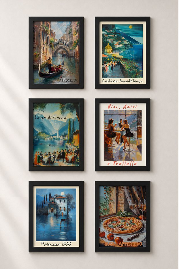 6 Piece Full Moon and Night Table Framed Painting Set Italy Posters Wall Decor Sixmx44