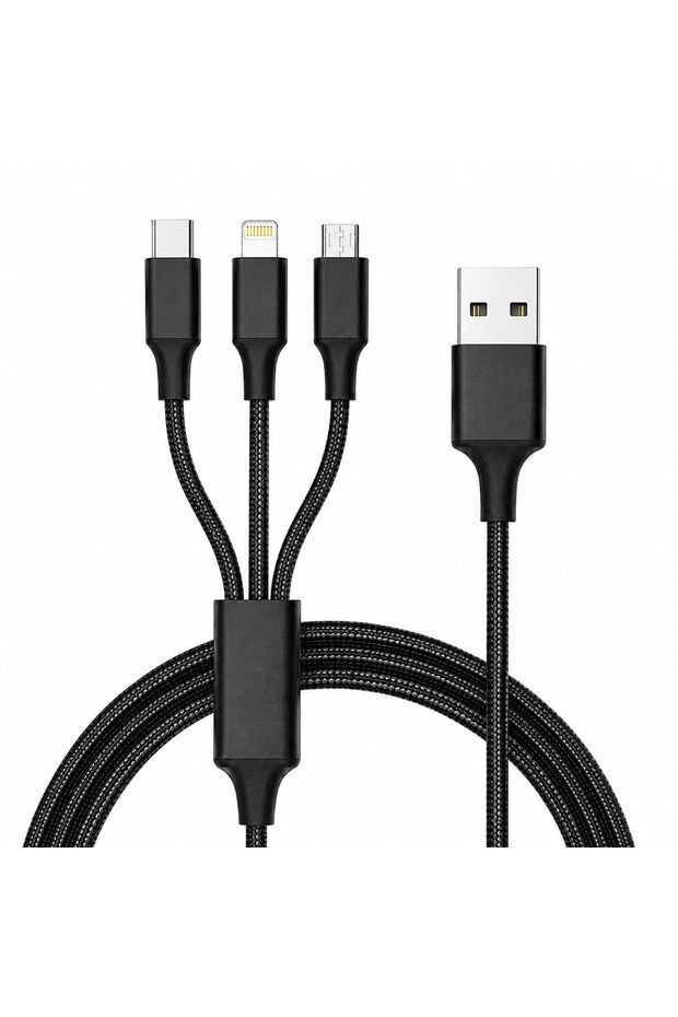 كابل USB-A إلى USB-C و Lightning و Micro USB مجدول 3 في 1، أسود اللون