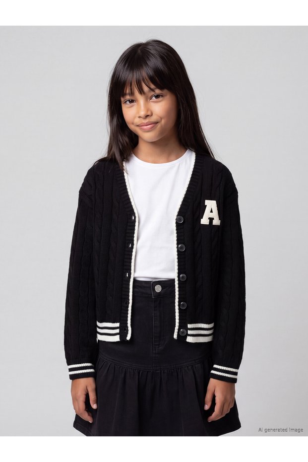 Two Mt Shop Quality Lcw Kids Black V-Neck Embroidered Girls' Cardigan