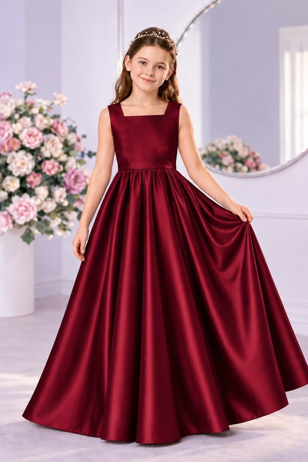 Girl's Square Neck Long Satin Gathered Model Ball Gown Graduation Birthday Dress