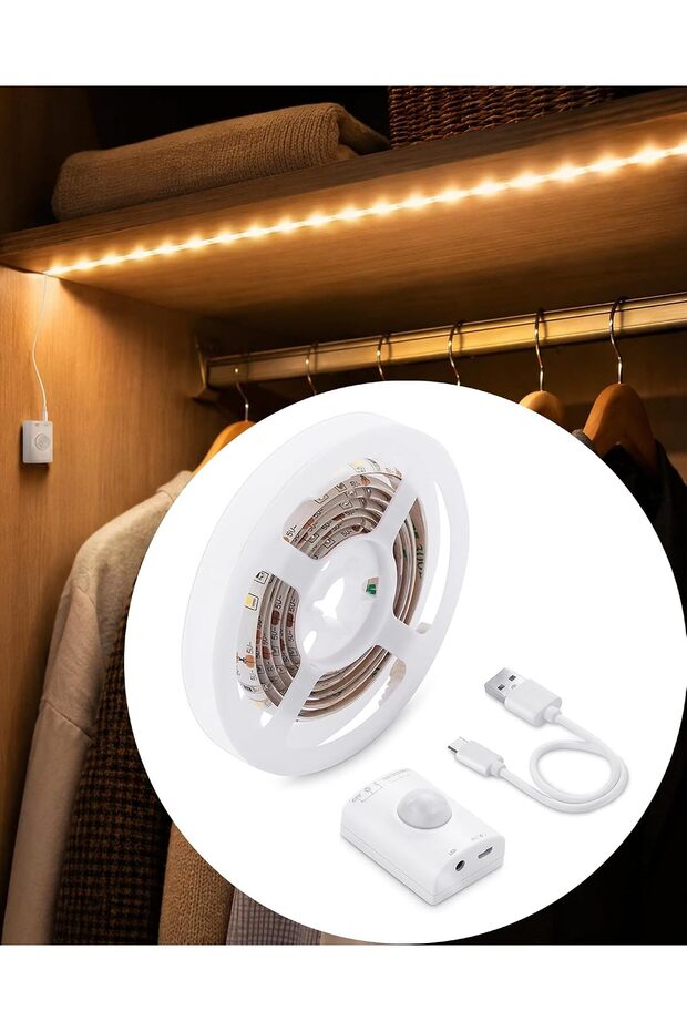 شريط إضاءة LED قابل لإعادة الشحن مع مستشعر حركة للخزانة (عبوة واحدة - 3.3 قدم، أبيض دافئ)