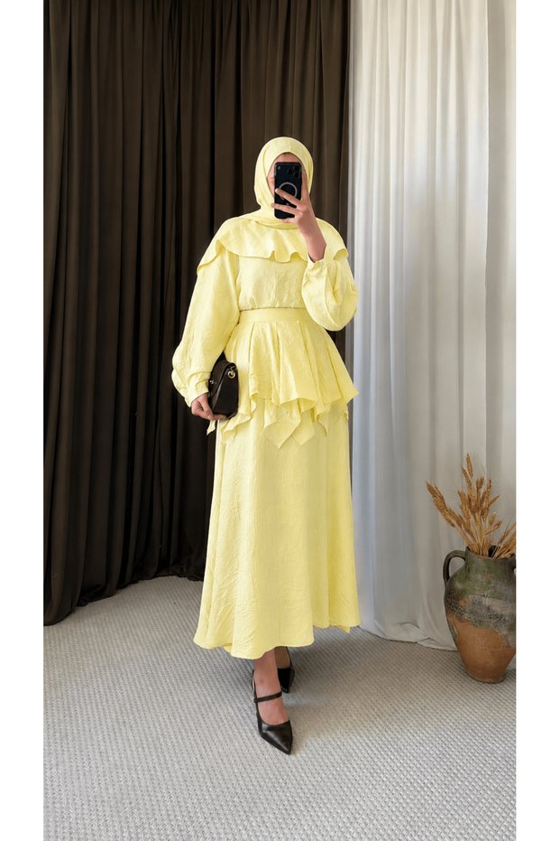 Cape and Layered Skirt Set - 1407 - Yellow