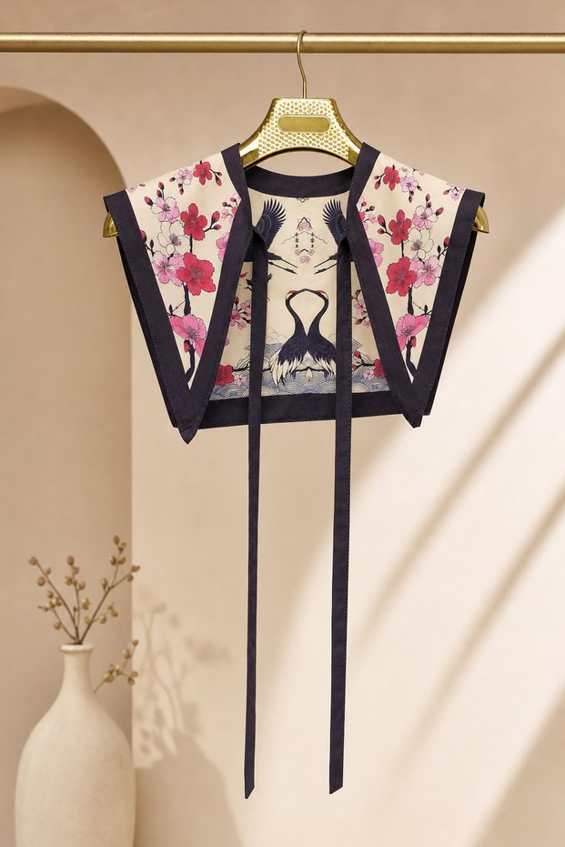 Japanese Cherry Blossom and Crane Bird Pattern Collar Shoulder Scarf 60X55 cm
