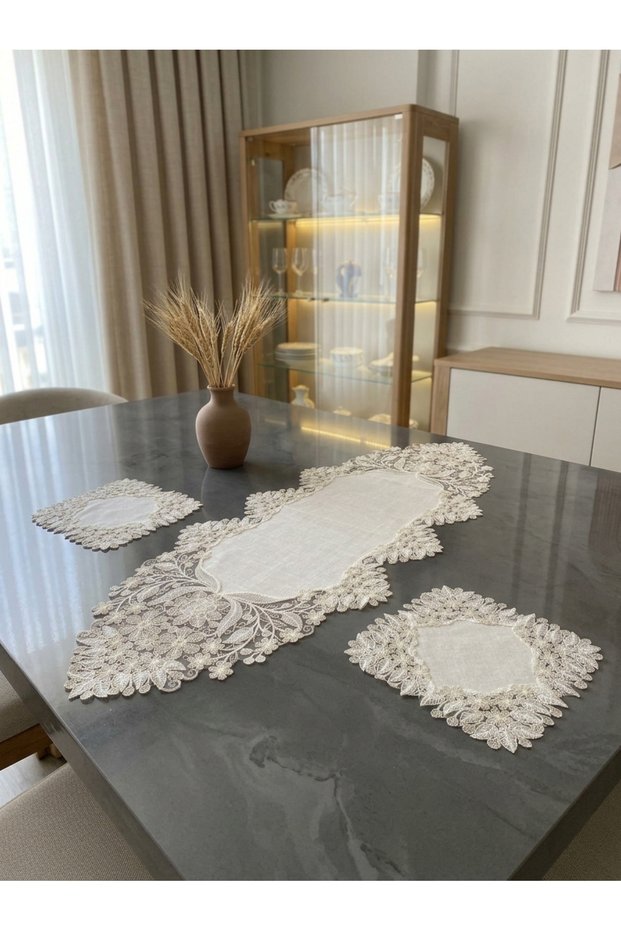French Lace Hürrem Model Linen Gardenia Luxury 3-Piece Runner Living Room Coffee Table Cover