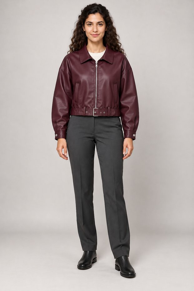 Women's burgundy leather jacket - belt detailed oversize leather jacket