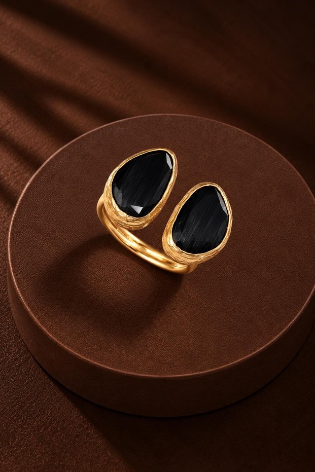 Cat's Eye Bean-Shaped Double Ring Ring - 10X14Mm