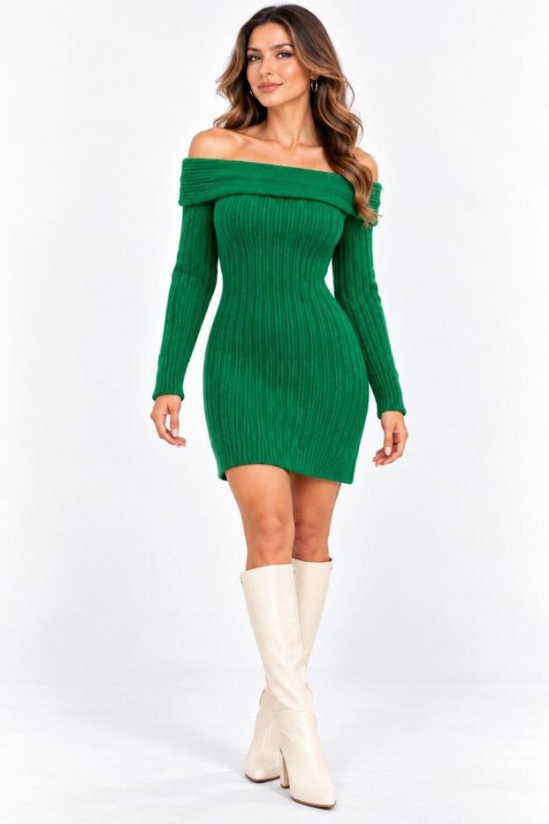 New Season Women's Madonna Collar Ribbed Knitwear Mini Dress Long Sleeve Stylish and Elegant Design