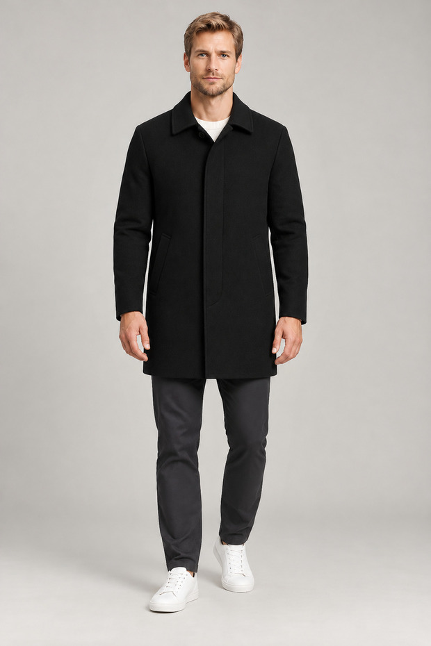 Men's black slim fit cashmere coat classic collar short cut winter overcoat