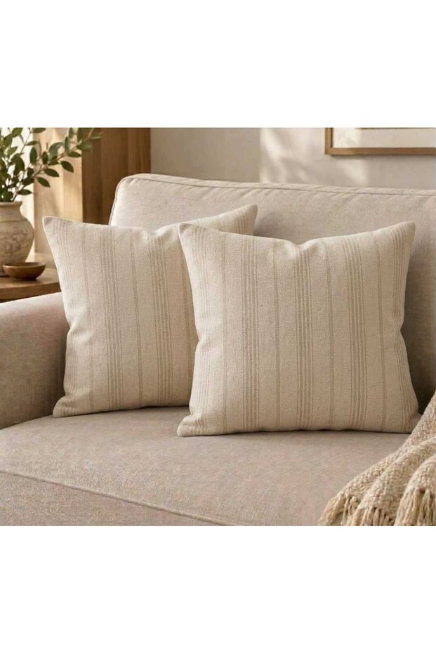 Cotton Linen Throw Pillow Covers - Light Brown Striped - 2 Pieces