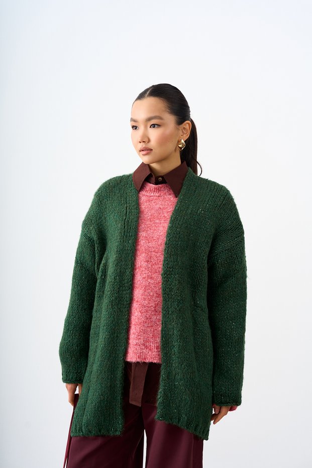 Women's Knitted Detail Knitwear Cardigan Dark Green
