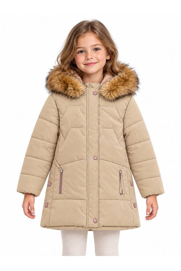 Girl's Removable Fur Lined Plush Waterproof Quilted Coat