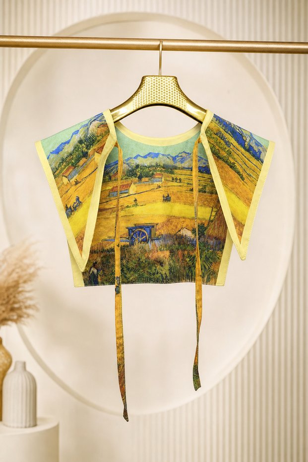 Van Gogh Inspired Wheat Field and Village Landscape Pattern Collar Shoulder Scarf 60X55 cm