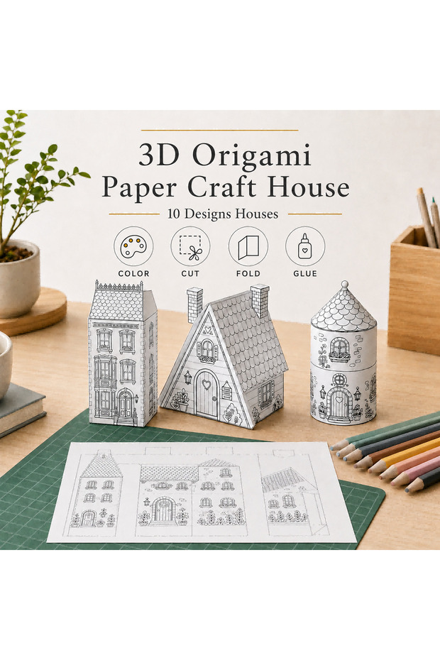 WHITE 10 Styles DIY Paper Cottage Craft Kit 3D Origami House Model Handmade Foldable Paper Building
