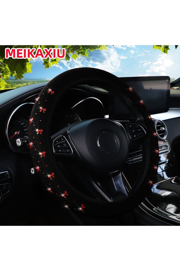 Red 14.5-15inch Blingbling Fabric Elastic Hubless Steering Wheel Cover with Glittering Bow Automotiv