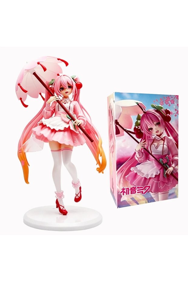 With Box 23cm Anime Hatsune Miku Pink Cherry Blossom Umbrella Handmade PVC Model Beautiful Gi