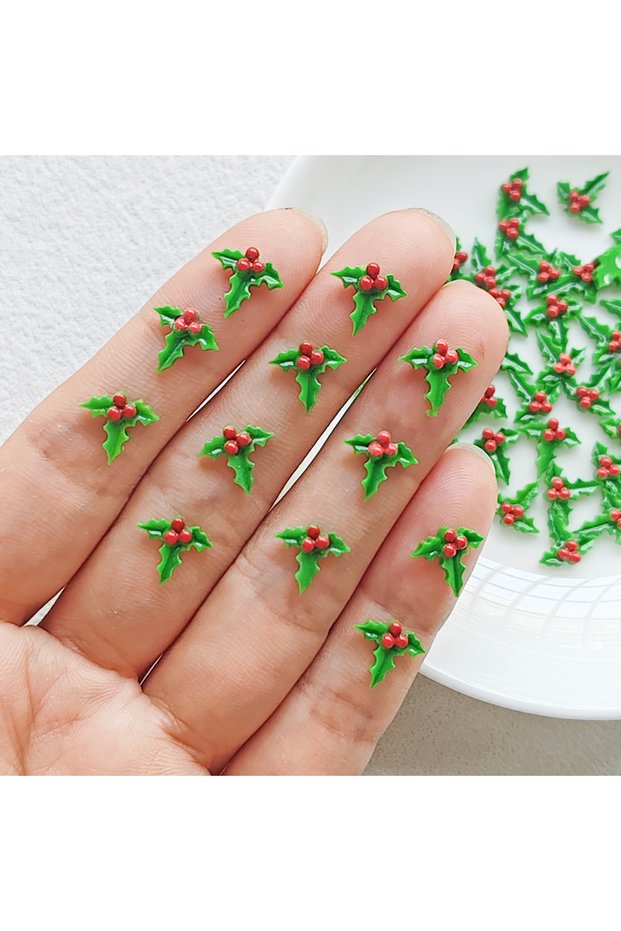 50pcs random color 50pcs pieces of Christmas tree leaf resin flat bottom nail decoration, suitable f