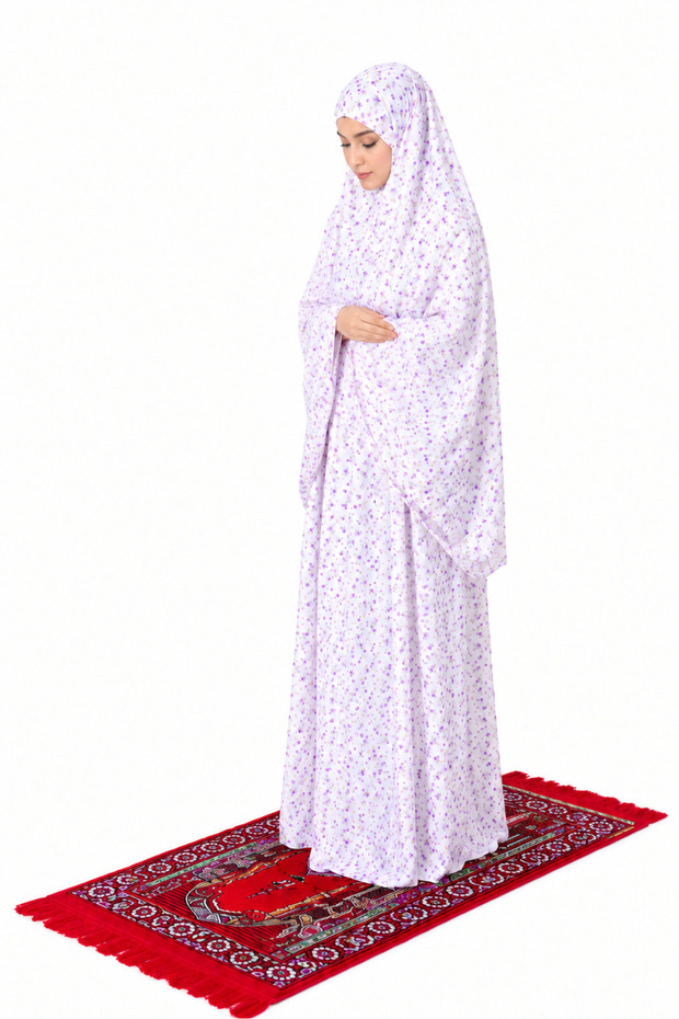 Women's Floral Print Prayer Dress – White & Purple Full Coverage Islamic Prayer Outfit