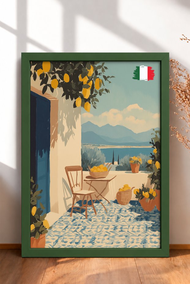 Lemon Tree Blue Door Terrace Framed Painting Italy Poster Living Room Kitchen Wall Decor Itn055
