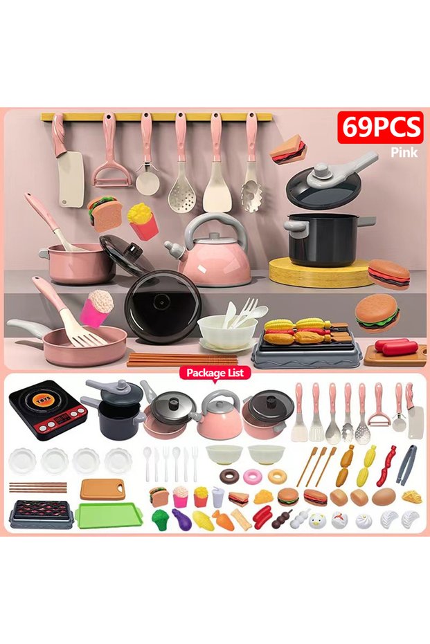 Pink-69PCS Kids Kitchen Toys Set 92/69/59 PCS Play Food with Pots Pans & Utensils Small Pretend Cook