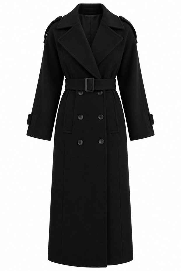 Black Epaulet Belted Coat - 2Y44188