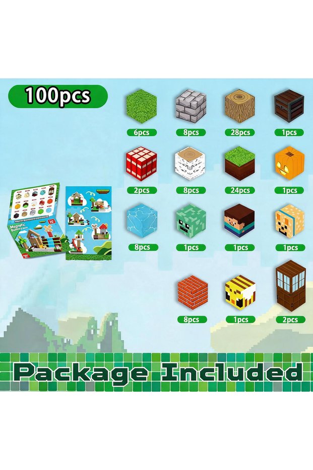 NewForest-100PCS Pixel Mining Magnetic Forest House Cube Building Blocks Set, STEM Educational Senso