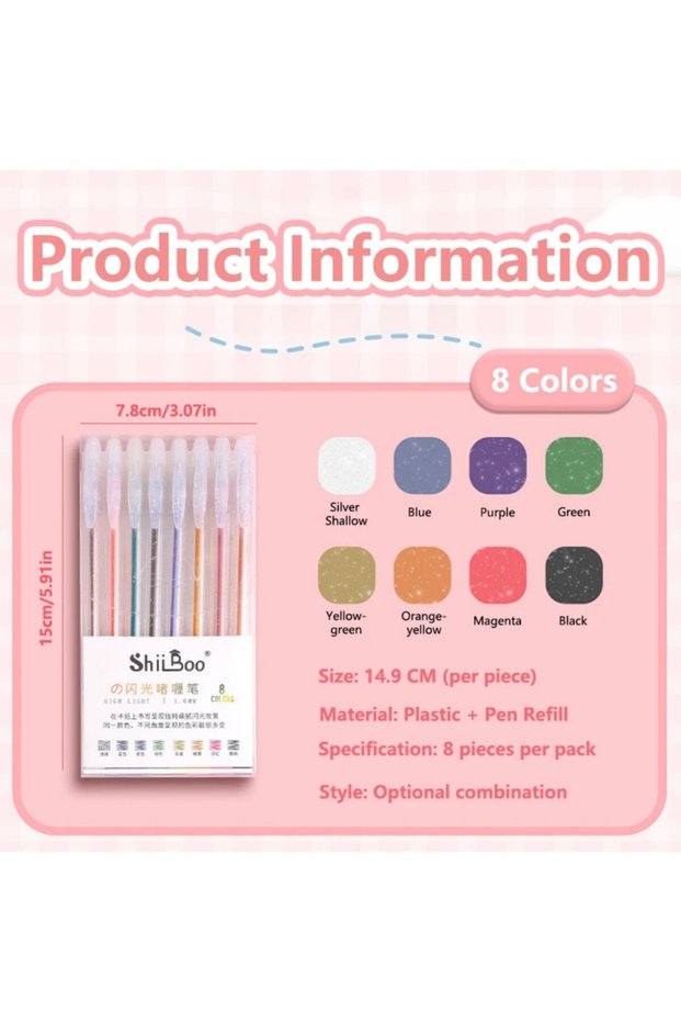 8 COLORS 8-60 Colors Glitter Gel Pen 1.0mm Metal Glitter Color Ballpoint Pen Paper Cardstock Diary C