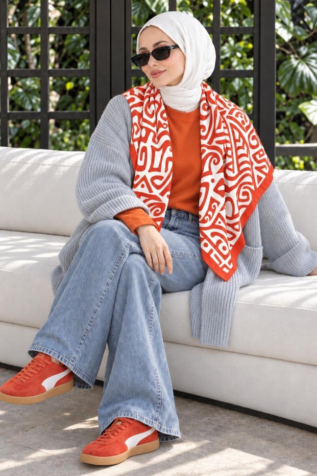 Ethnic Ocean Pattern Orange-Cream Soft Foulard Scarf 90X90 cm