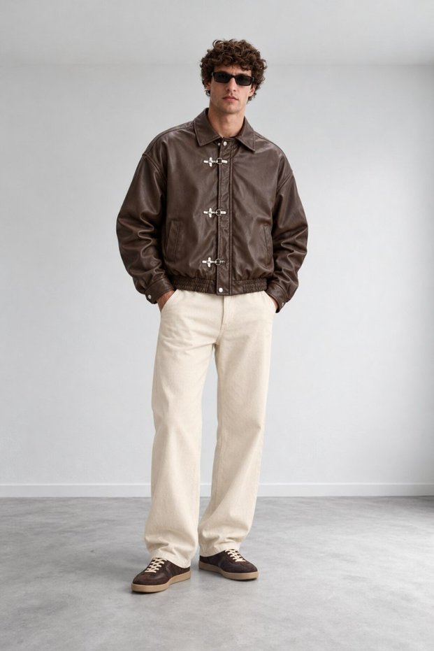 Men's Clip Button Detailed Bomber Leather Jacket