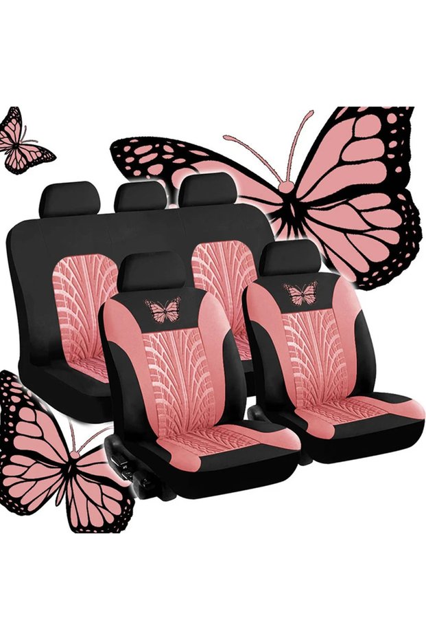 Pink(5 seat) Car Seat Cover Full Set, Universal Butterfly Pattern Embroidery Auto Seat Cover Set