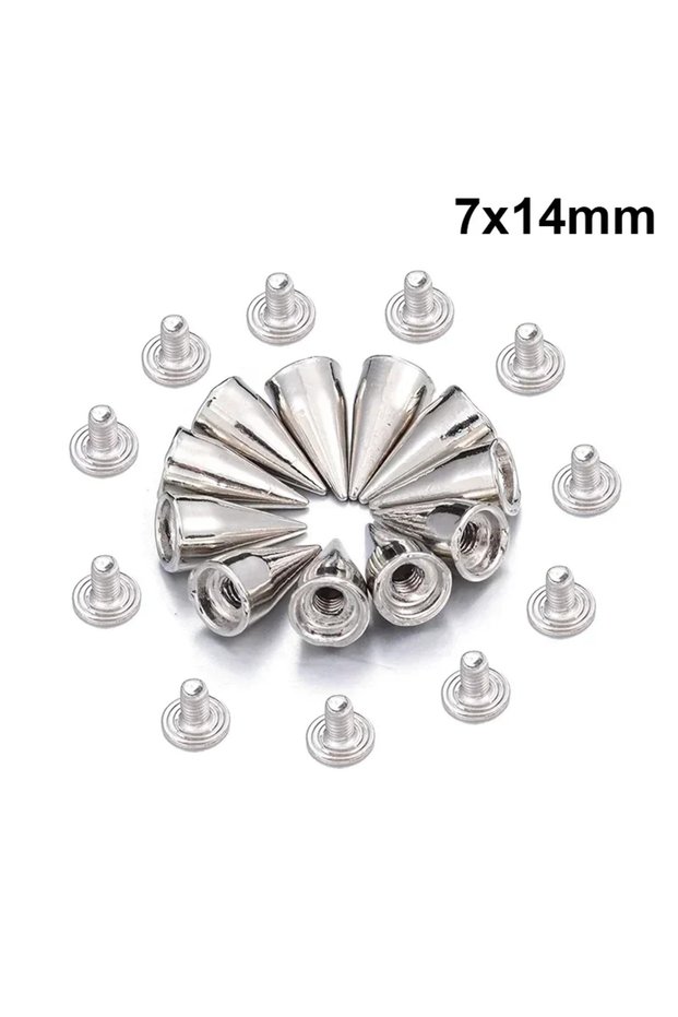 100PCS 7x14mm Silver Cone Spike Metal Cone Studs Punk Garment Rivets for DIY Leathercraft Decoration