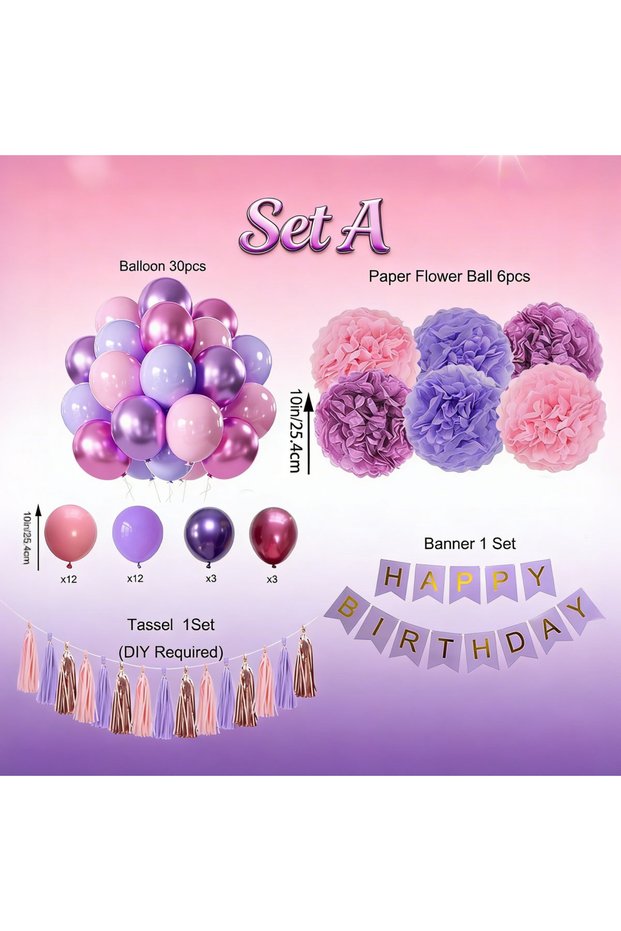 Party Set A Purple Pink Birthday Party Decorations Set with Happy Birthday Banner, Tissue Paper Pomp