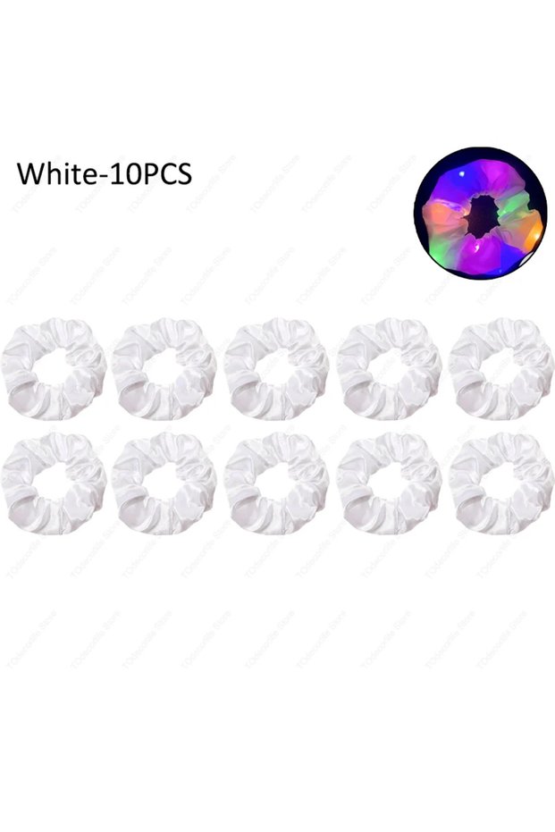 White-10PCS LED Luminous Scrunchies Hairband Women Glowing Elastic Hair Tie Hair Rope Girl Glow in t