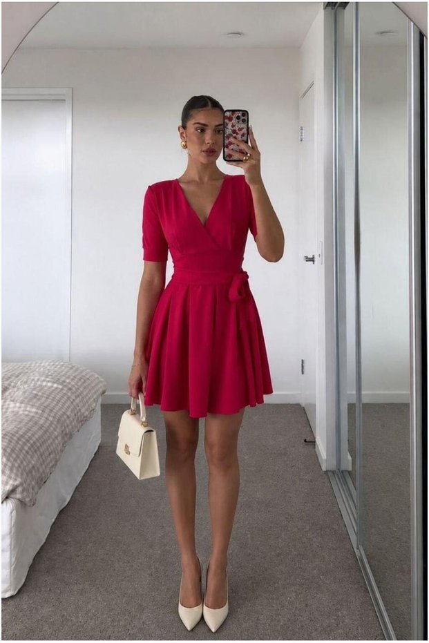 V-Neck Mini Belted Collared Short Dress