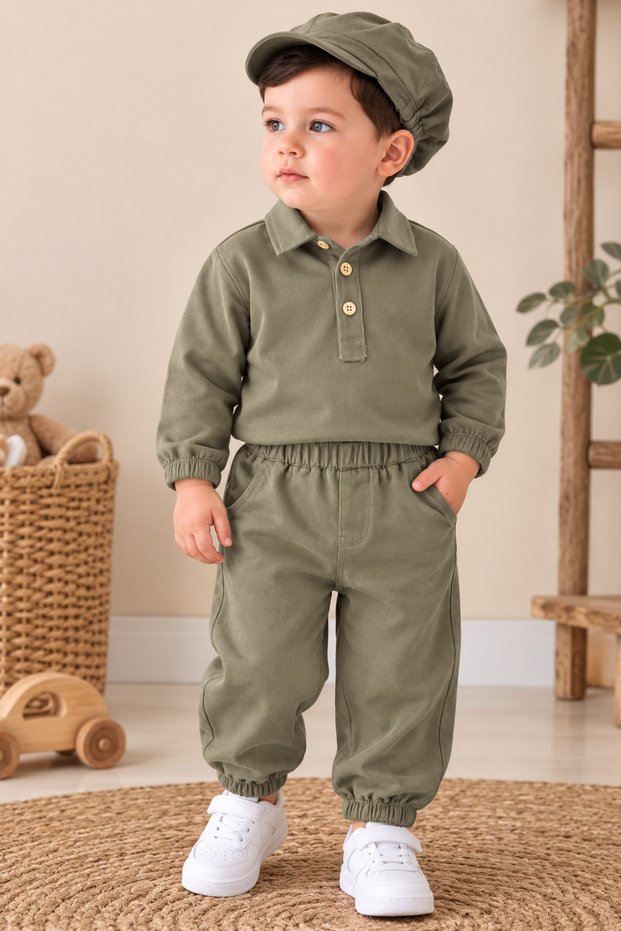 Bohemian Style Gabardine Fabric Shirt, Lycra Trousers and Hat 3-Piece Set