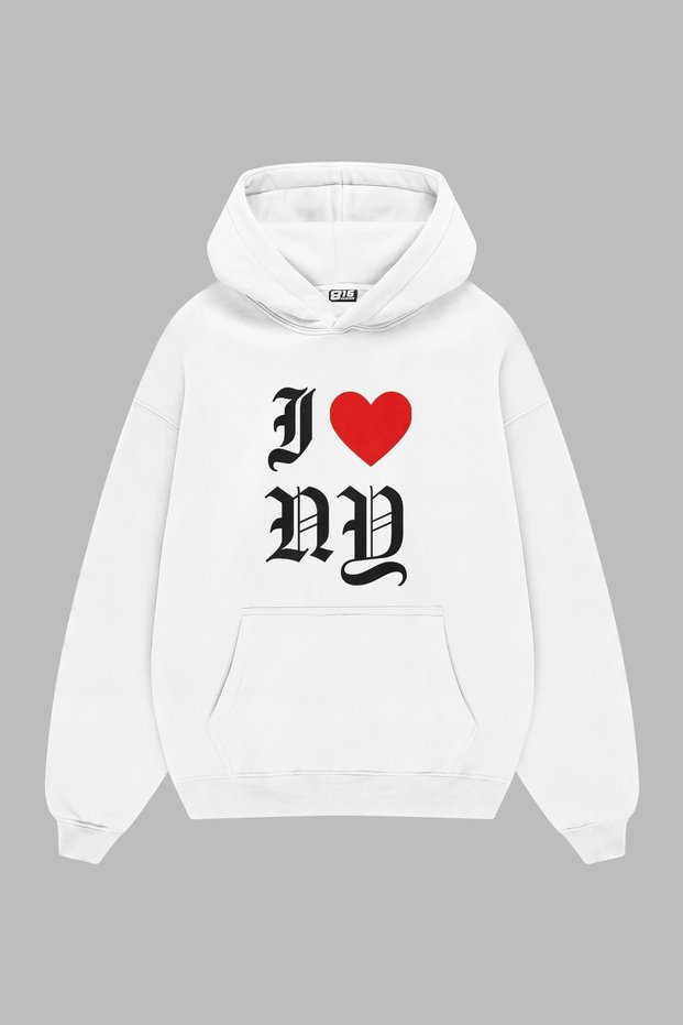 I Love Ny Printed White Oversize Unisex Hoodie