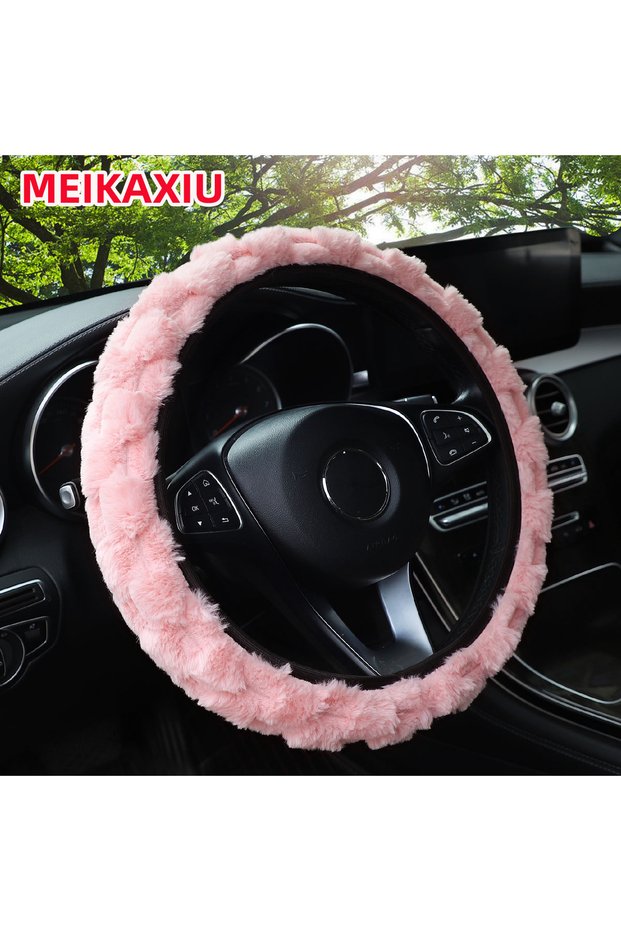 Pink 3D Artificial Rabbit Fur Steering Wheel Cover for Women Car Inner Ring Free 14.5-15 Inch Decora