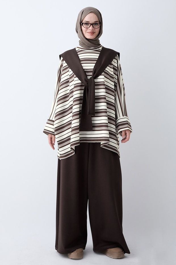 Striped Shoulder Scarf Bitter Brown Set