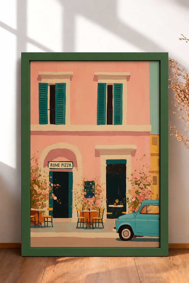 Rome Pizza Tabletop Sign with Facade and Classic Car Frame Table Italy Poster Wall Decor Itn028